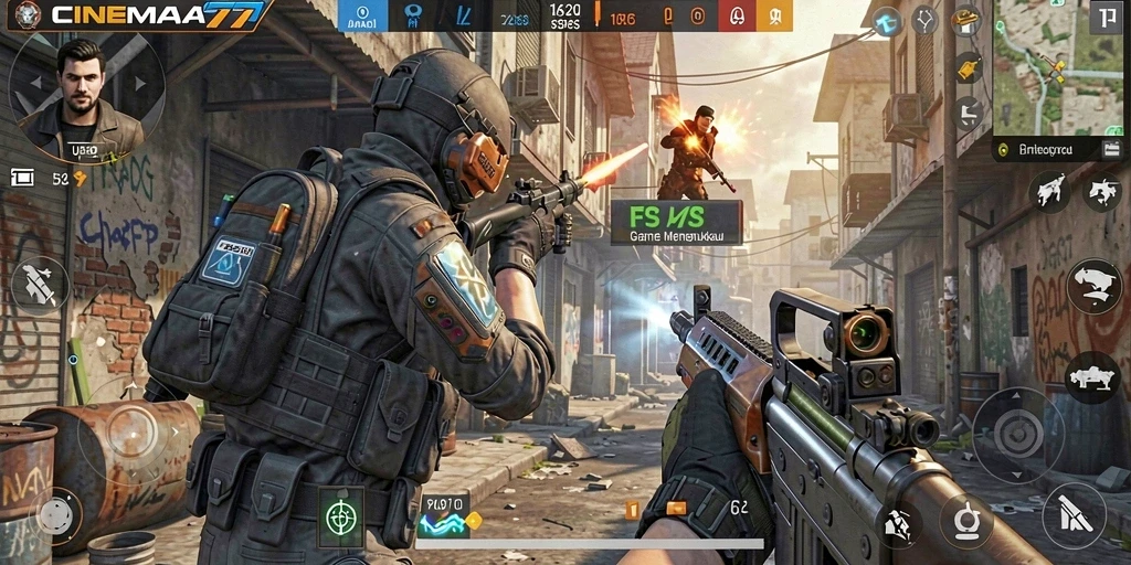 Screenshot gameplay CINEMA77 dengan grafis dan aksi FPS yang intens.