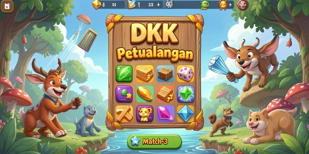 Screenshot DKK menunjukkan gameplay seru dengan kombinasi warna-warni dalam Match-3.