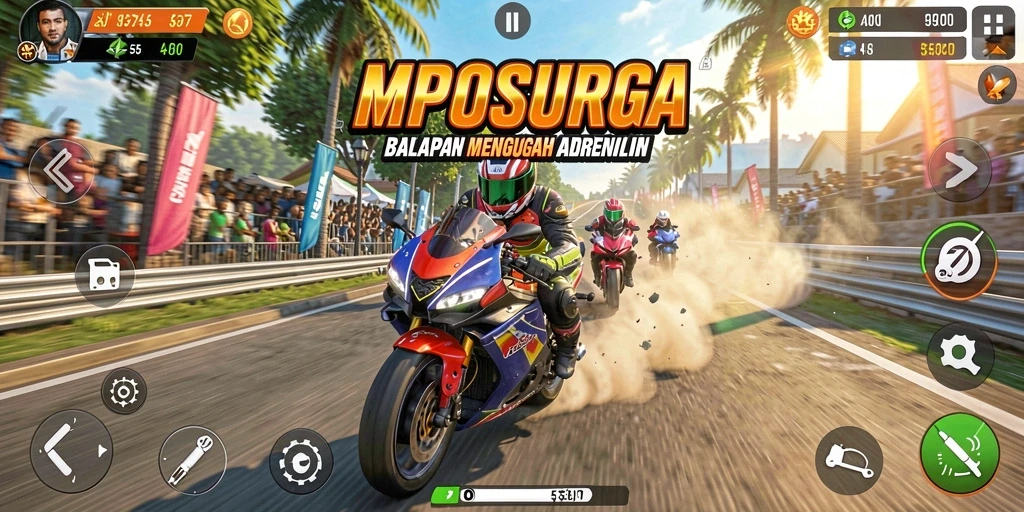 Tampilan gameplay seru di <strong>MPOSURGA</strong> saat balapan motor di trek yang menantang.