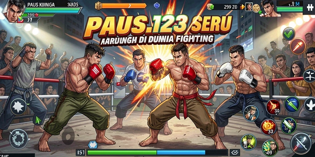 Screenshot utama PAUS123 menampilkan pertarungan intens antara karakter yang berbeda.