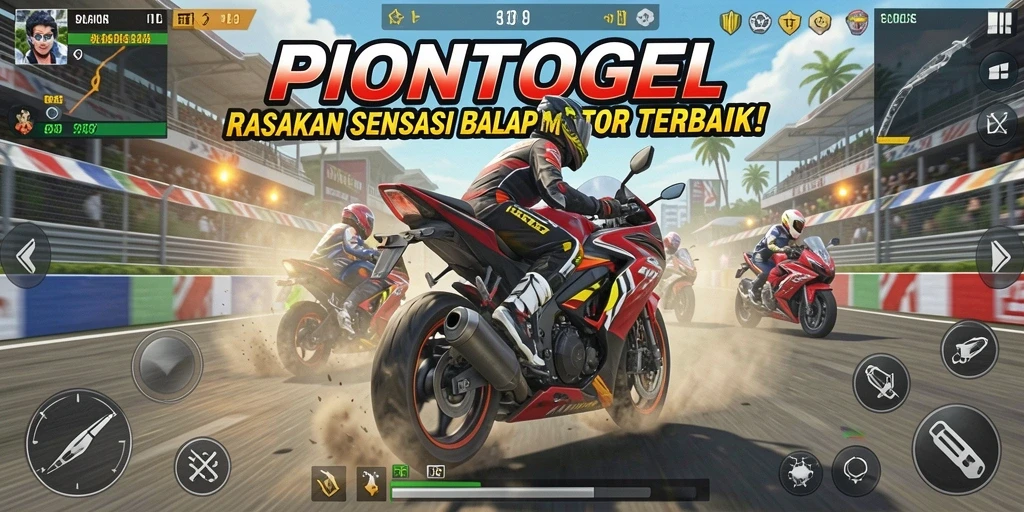 Screenshot utama PIONTOGEL menampilkan balapan motor yang seru dan penuh aksi.
